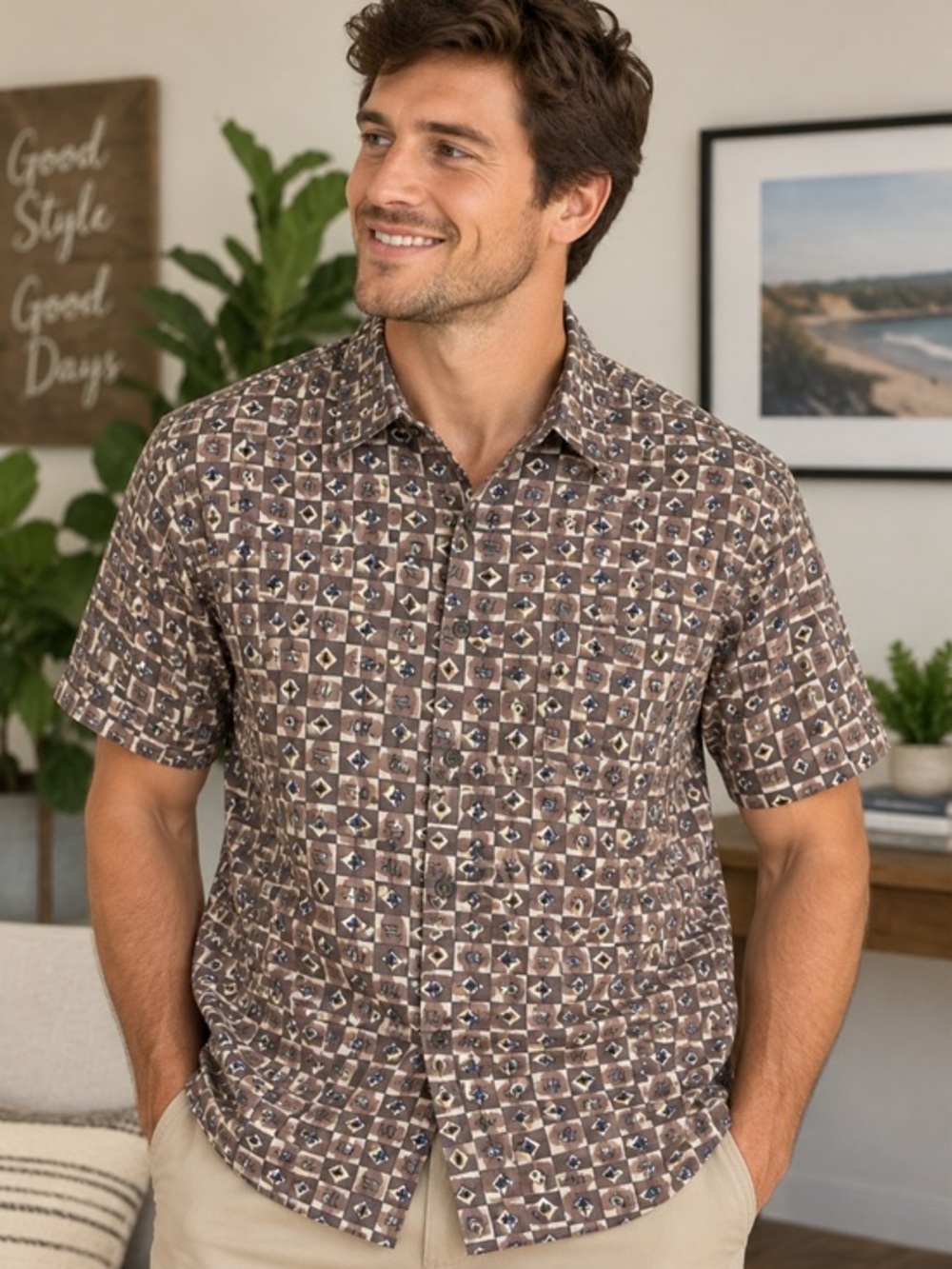 Geoffrey Beene Men’s Geometric Print Short Sleeve Button Down Shirt M